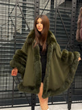 Khaki Cashmere Cape With Fur Trim, Women’s Wool Shawl Front Skirt - Fox Fur Jacket