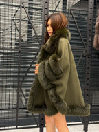 Khaki Cashmere Cape With Fur Trim, Women’s Wool Shawl Front Skirt - Fox Fur Jacket