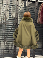 Khaki Cashmere Cape With Fur Trim, Women’s Wool Shawl Front Skirt - Fox Fur Jacket