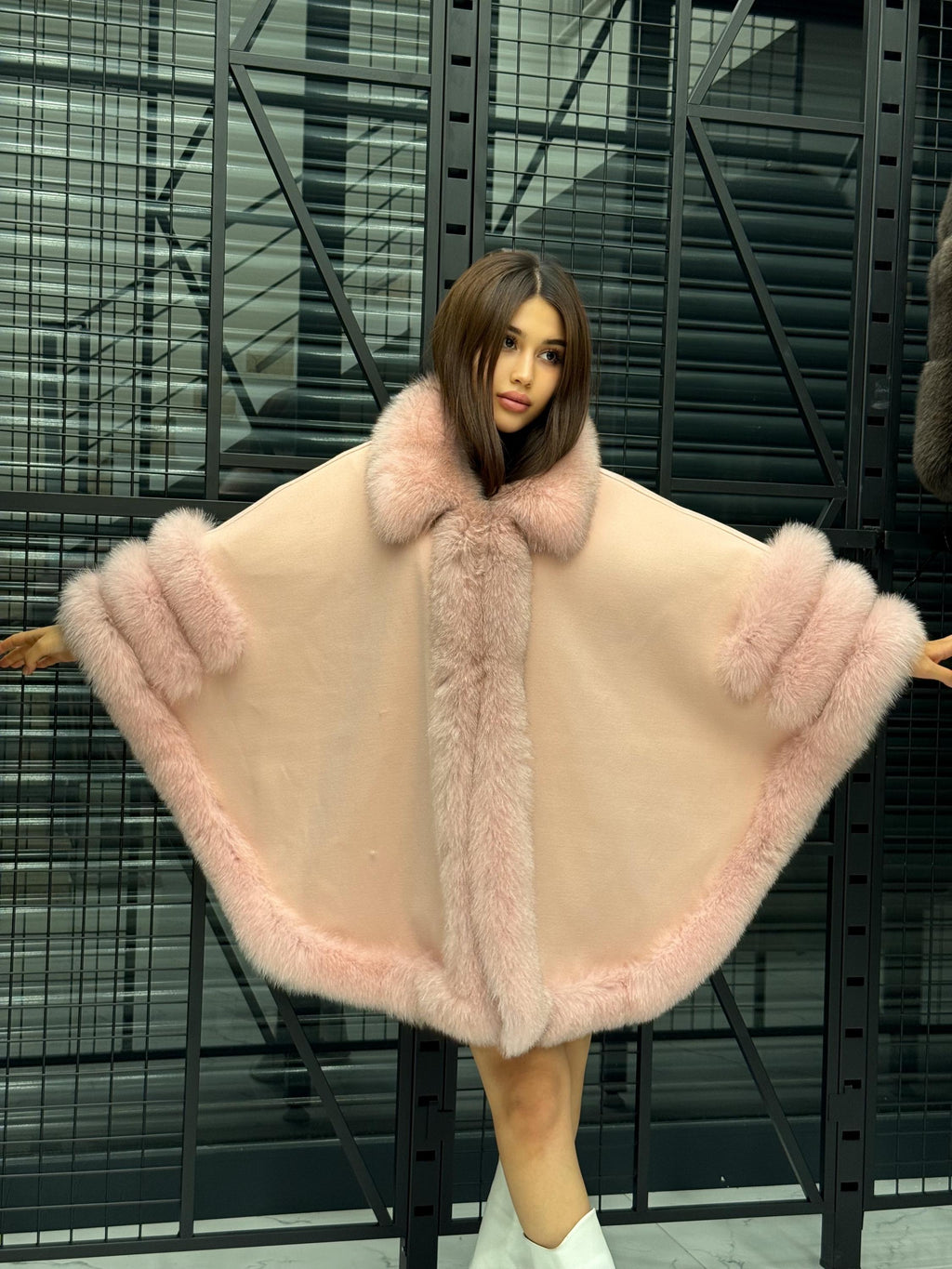 Pink Cashmere Cape With Fur Trim, Women’s Plus Size Fox Fur Jacket