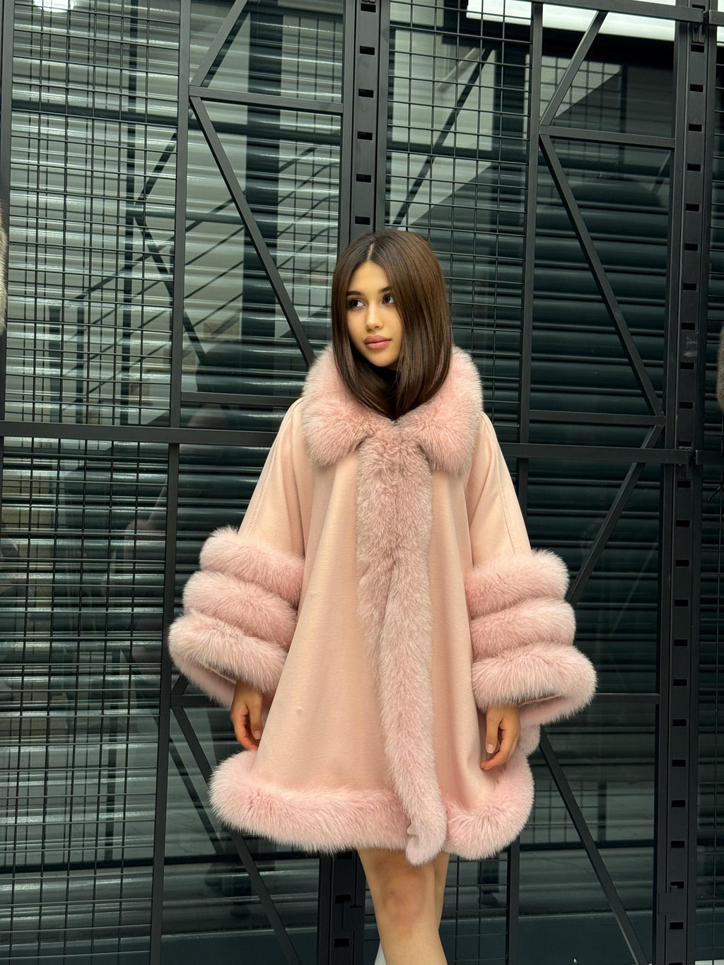 Pink Cashmere Cape With Fur Trim, Women’s Plus Size Fox Fur Jacket