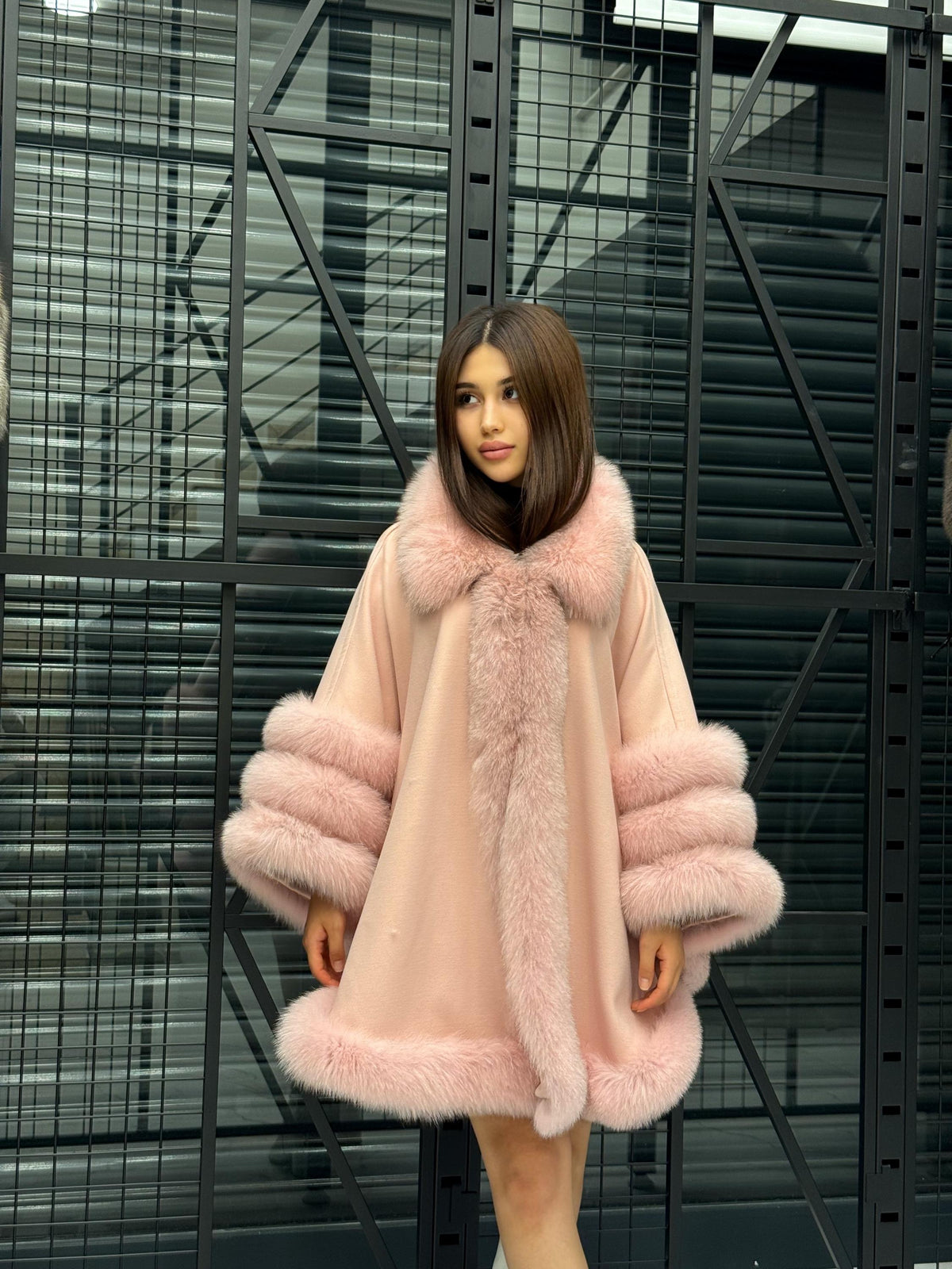 Pink Cashmere Cape With Fur Trim, Women’s Plus Size Fox Fur Jacket