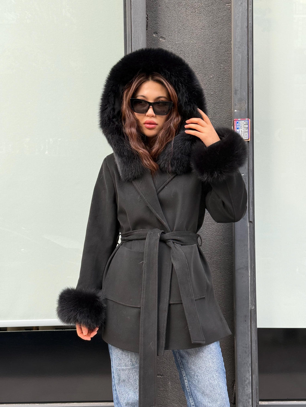 Women’s Black Cashmere Coat, Handmade Short Hood Cuffs - Fox Fur Jacket