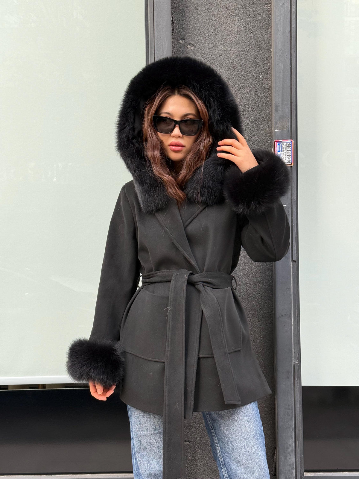Women’s Black Cashmere Coat, Handmade Short Hood Cuffs - Fox Fur Jacket