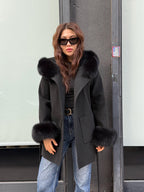 Women’s Black Cashmere Coat, Handmade Short Hood Cuffs - Fox Fur Jacket