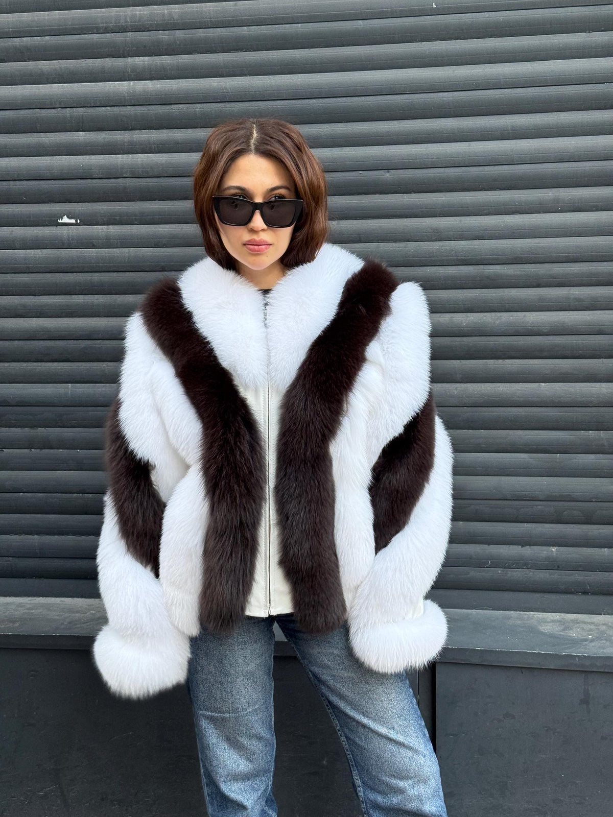 Women Fox Fur Jacket, Slimfit Short White-Brown Fox Fur Coat
