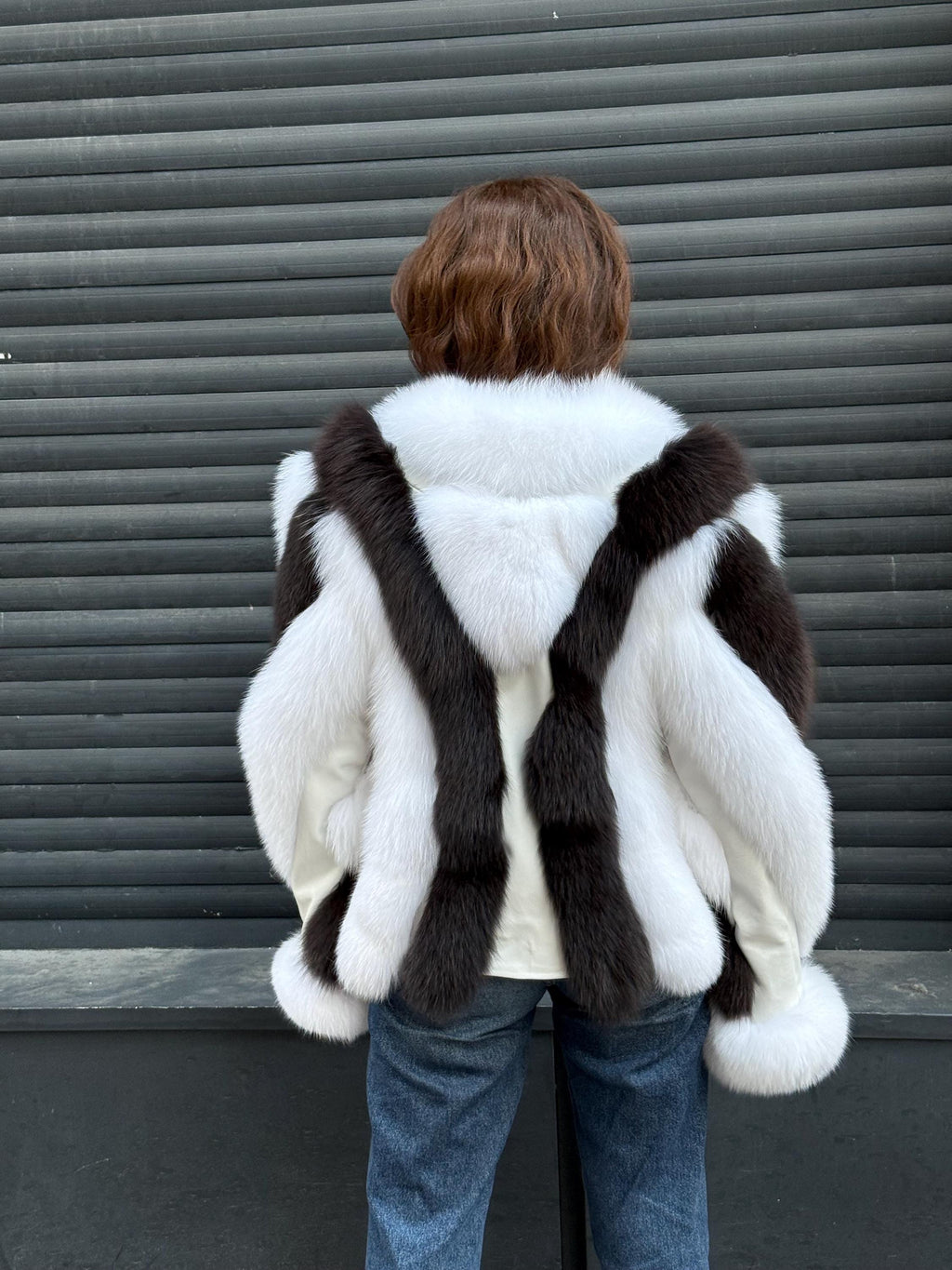 Women Fox Fur Jacket, Slimfit Short White-Brown Fox Fur Coat