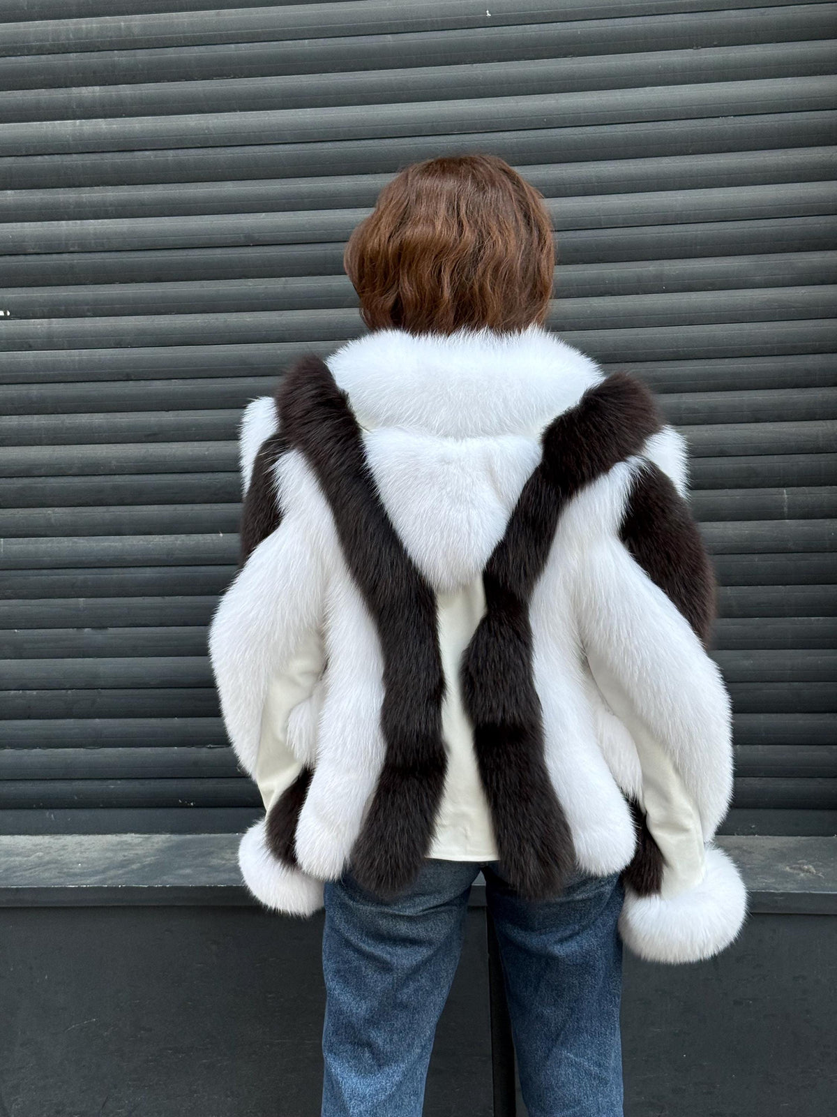 Women Fox Fur Jacket, Slimfit Short White-Brown Fox Fur Coat