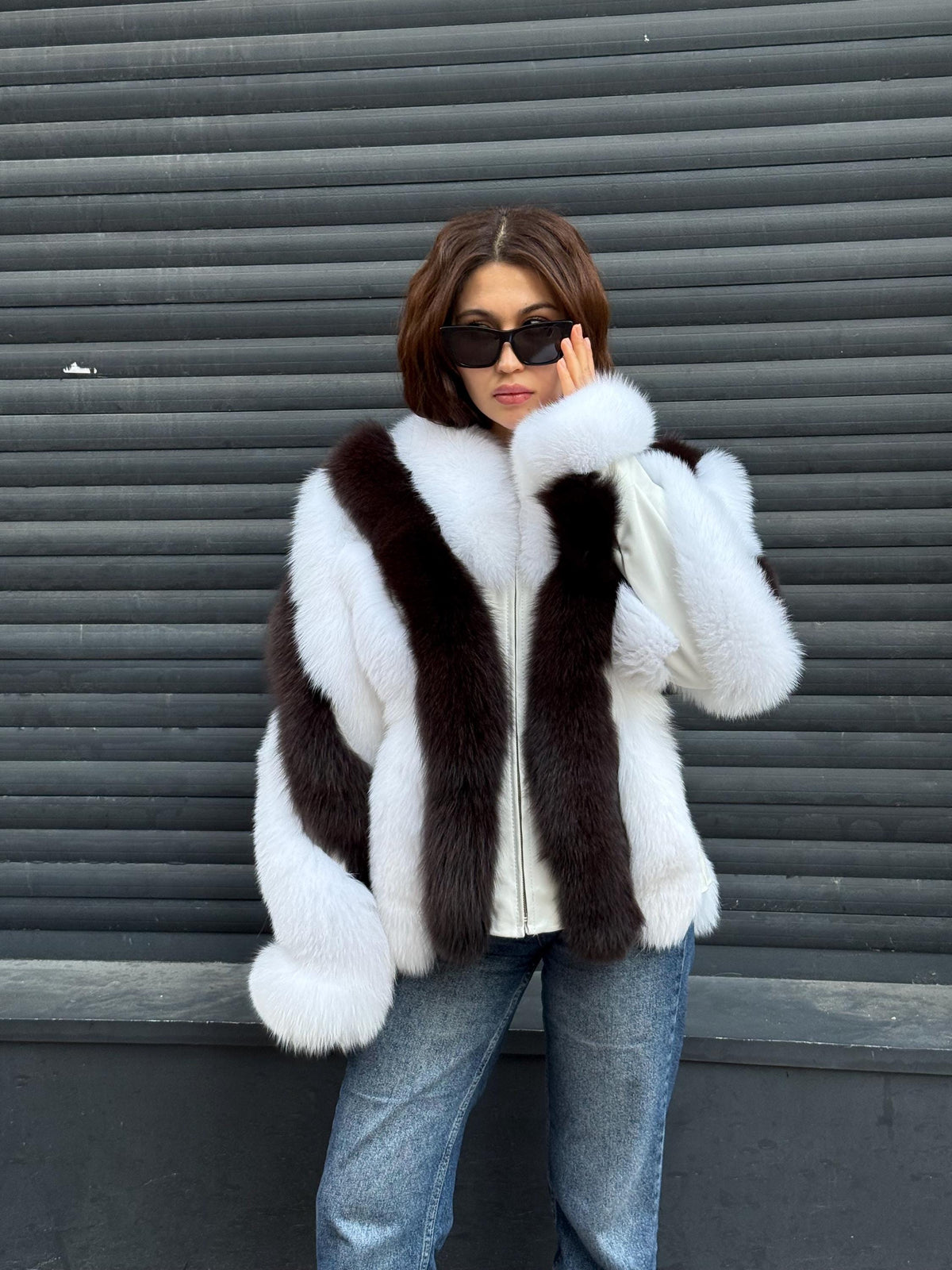 Women Fox Fur Jacket, Slimfit Short White-Brown Fox Fur Coat