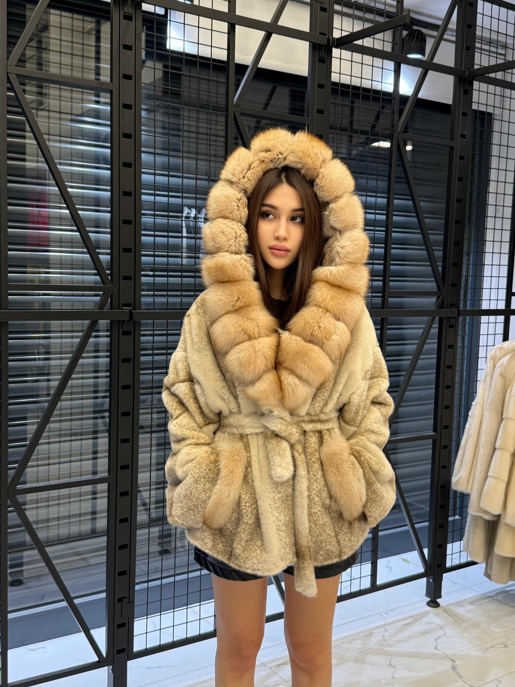 Beige Faux Mink Fur Cape, Collar Fox Fur Jacket..- Women Fox Fur Jacket..- Fox Fur Jacket