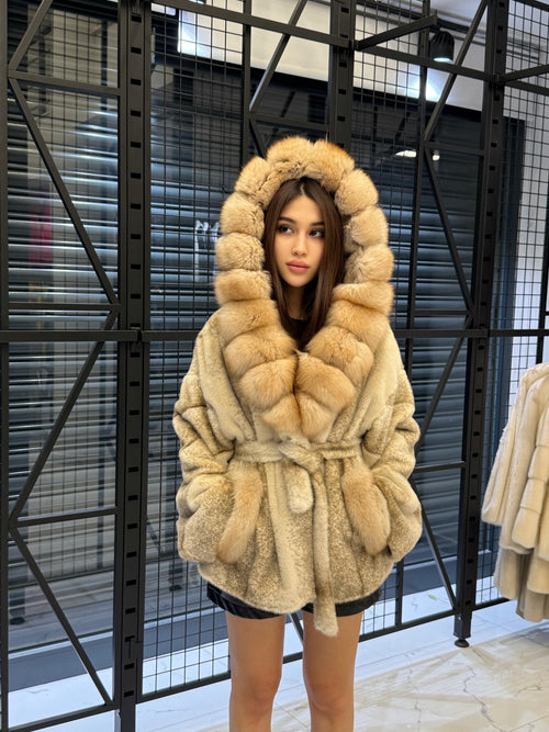 Beige Faux Mink Fur Cape, Collar Fox Fur Jacket..- Women Fox Fur Jacket..- Fox Fur Jacket