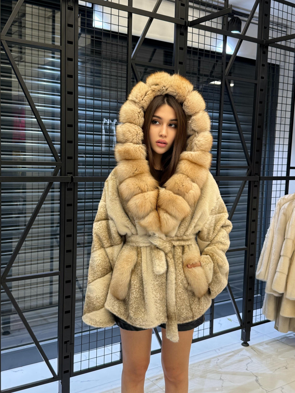 Beige Faux Mink Fur Cape, Collar Fox Fur Jacket..- Women Fox Fur Jacket..- Fox Fur Jacket