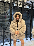 Women’s Beige Fox Fur Jacket, Luxury Hooded Fur Coat With Detachable Sleeves