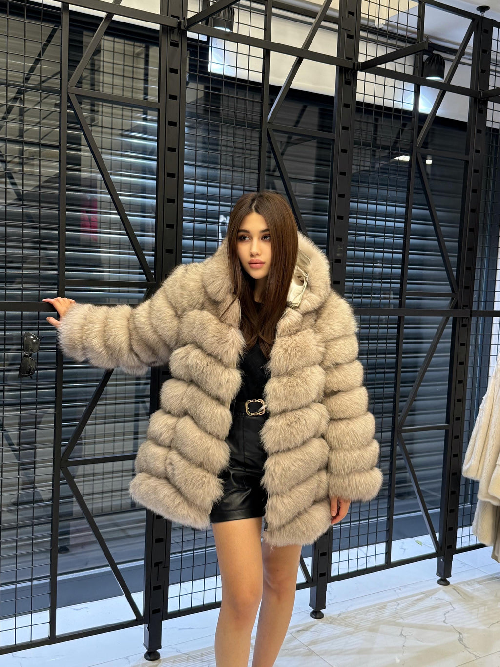Women’s Beige Fox Fur Jacket, Luxury Hooded Fur Coat With Detachable Sleeves