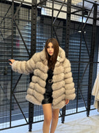 Women’s Beige Fox Fur Jacket, Luxury Hooded Fur Coat With Detachable Sleeves