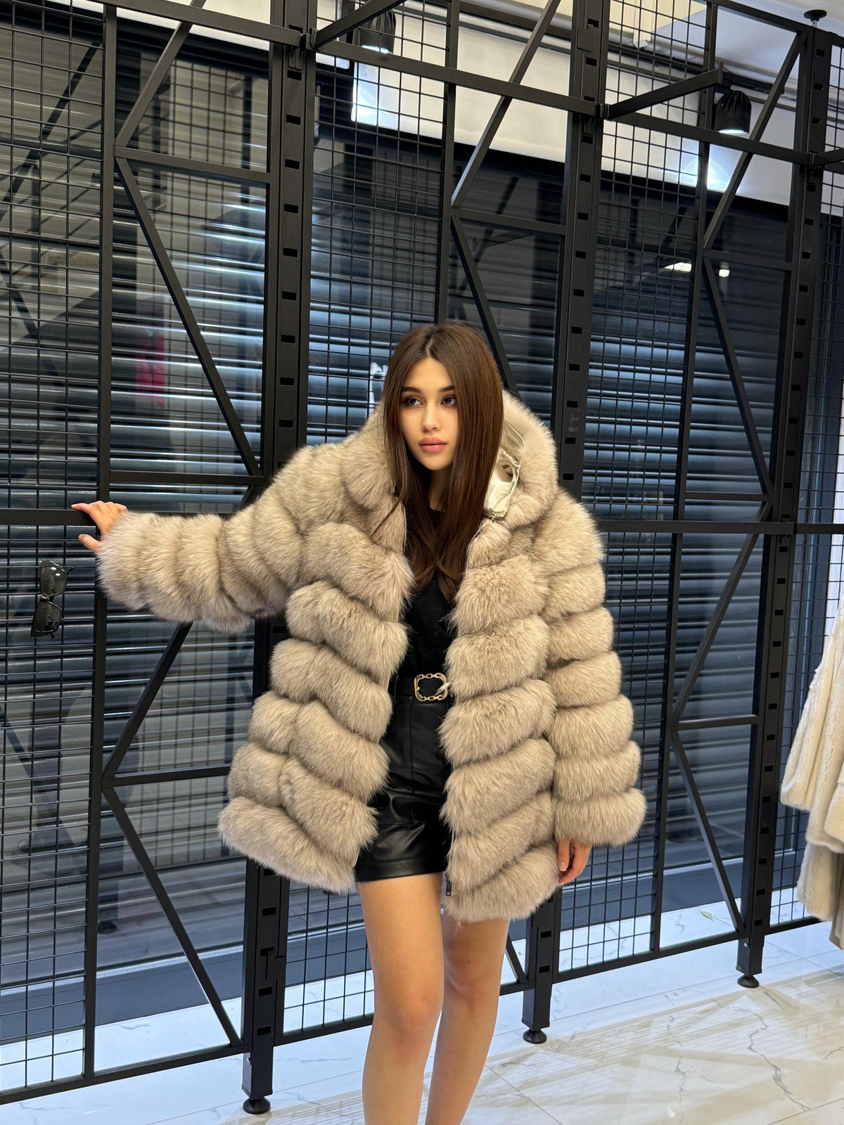 Women’s Beige Fox Fur Jacket, Luxury Hooded Fur Coat With Detachable Sleeves
