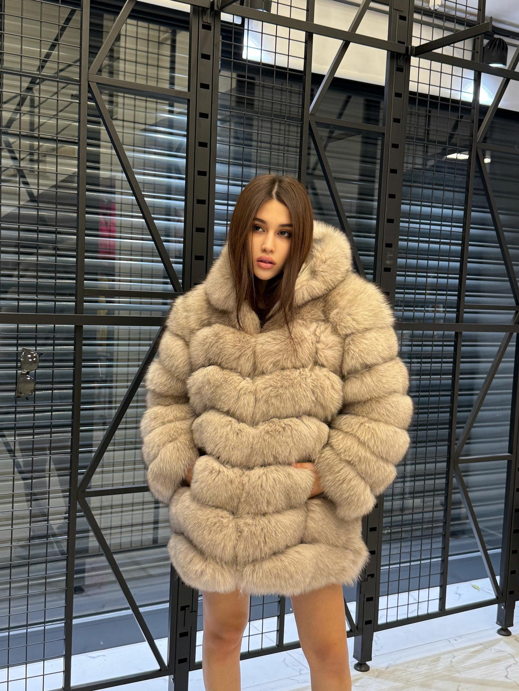 Women’s Beige Fox Fur Jacket, Luxury Hooded Fur Coat With Detachable Sleeves