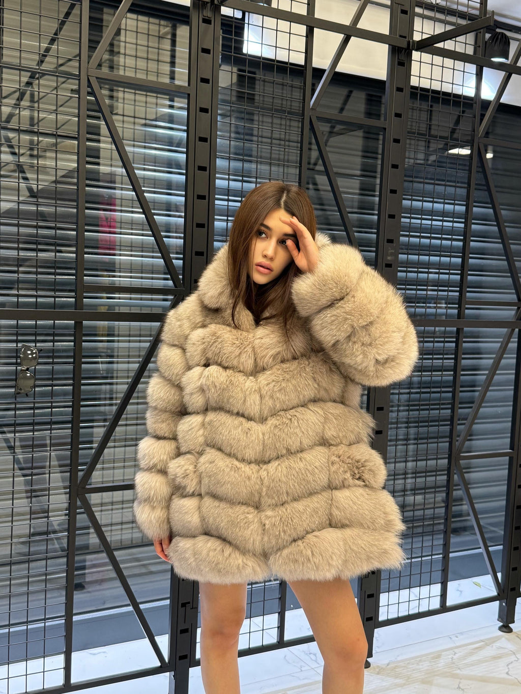 Women’s Beige Fox Fur Jacket, Luxury Hooded Fur Coat With Detachable Sleeves