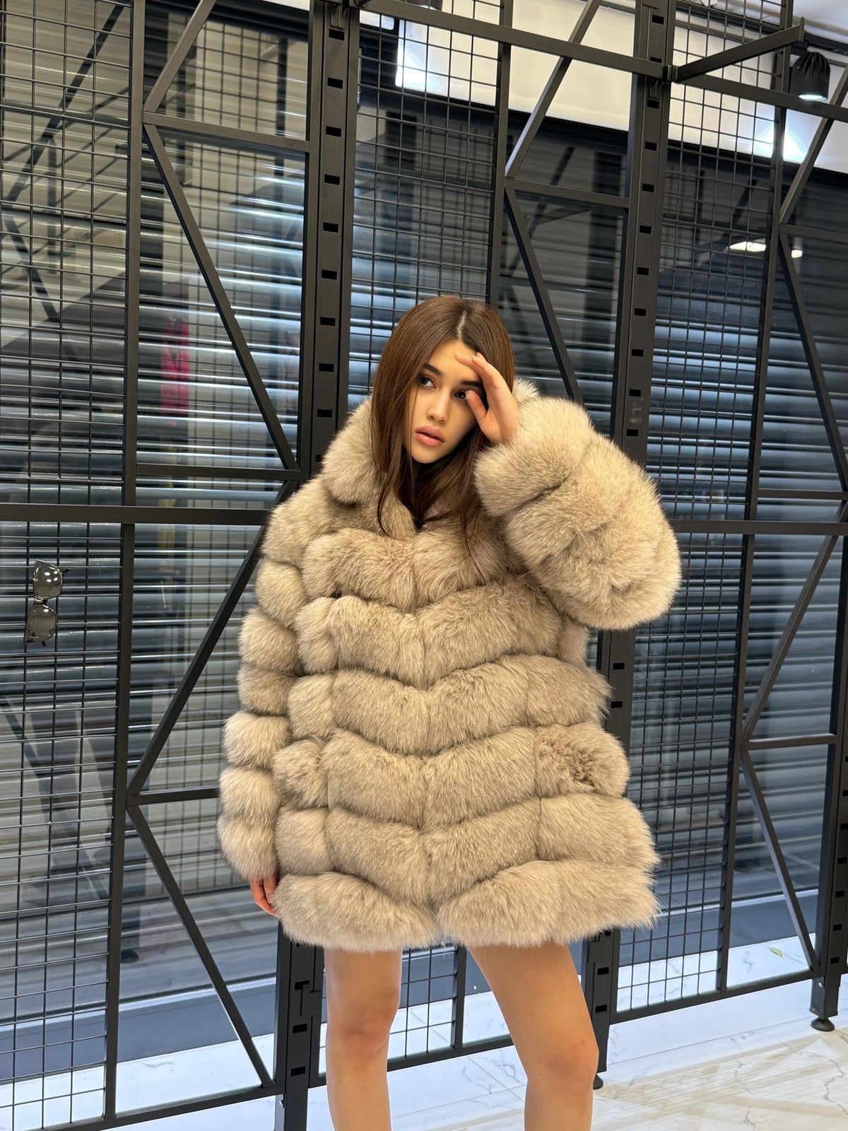 Women’s Beige Fox Fur Jacket, Luxury Hooded Fur Coat With Detachable Sleeves