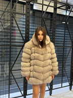 Women’s Beige Fox Fur Jacket, Luxury Hooded Fur Coat With Detachable Sleeves