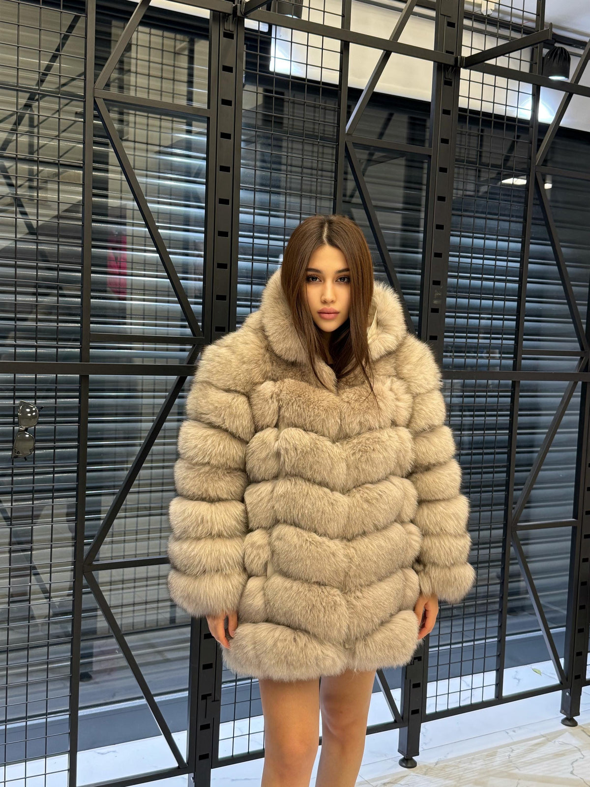 Women’s Beige Fox Fur Jacket, Luxury Hooded Fur Coat With Detachable Sleeves