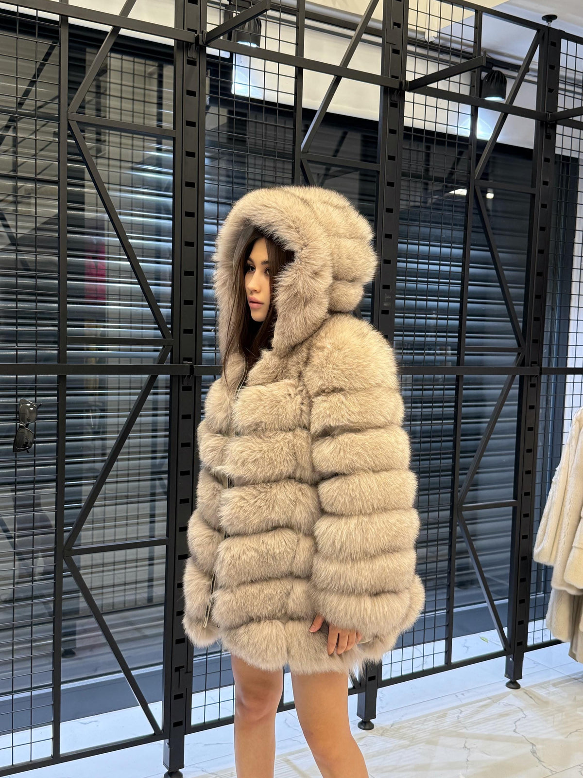 Women’s Beige Fox Fur Jacket, Luxury Hooded Fur Coat With Detachable Sleeves