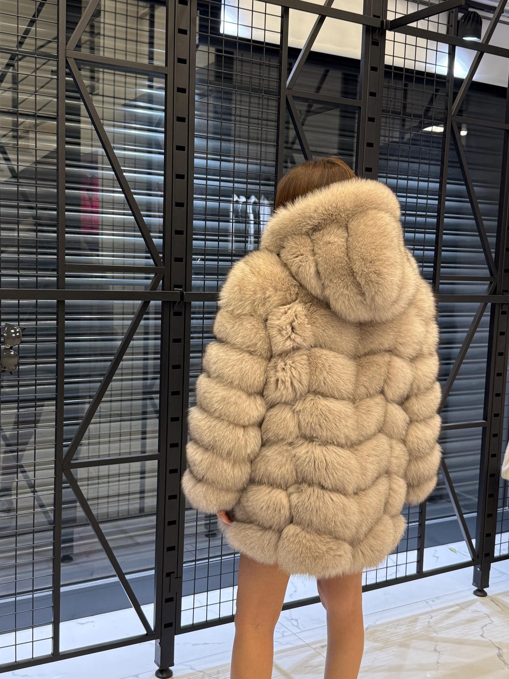 Women’s Beige Fox Fur Jacket, Luxury Hooded Fur Coat With Detachable Sleeves