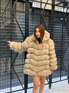 Women’s Beige Fox Fur Jacket, Luxury Hooded Fur Coat With Detachable Sleeves