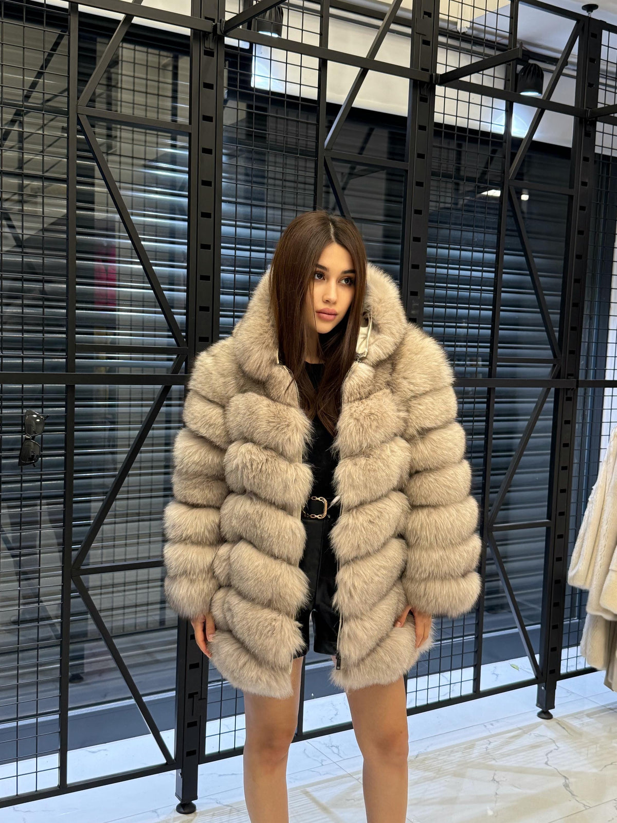 Women’s Beige Fox Fur Jacket, Luxury Hooded Fur Coat With Detachable Sleeves