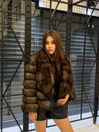 Sable Brown Fox Fur Jacket: Short With Detachable Sleeves Fur Coat For Women