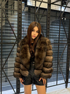 Sable Brown Fox Fur Jacket: Short With Detachable Sleeves Fur Coat For Women