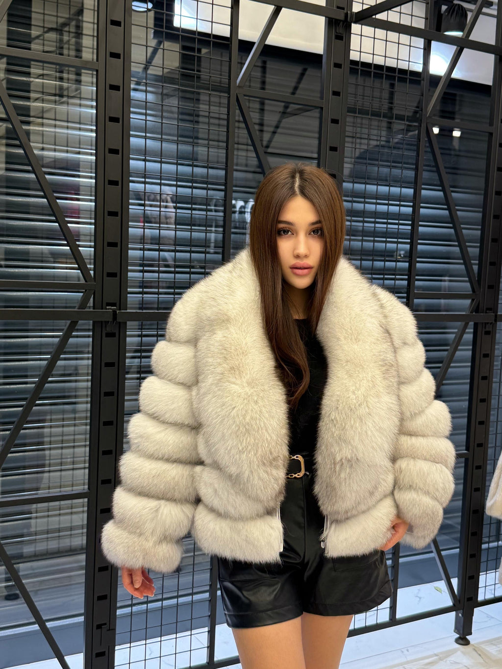 Women’s White Fox Fur Jacket, Handmade Detachable Sleeves Short Fur Coat