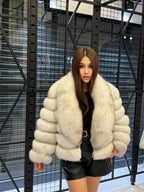 Women’s White Fox Fur Jacket, Handmade Detachable Sleeves Short Fur Coat