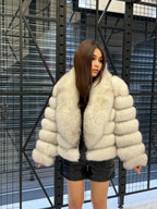 Women’s White Fox Fur Jacket, Handmade Detachable Sleeves Short Fur Coat