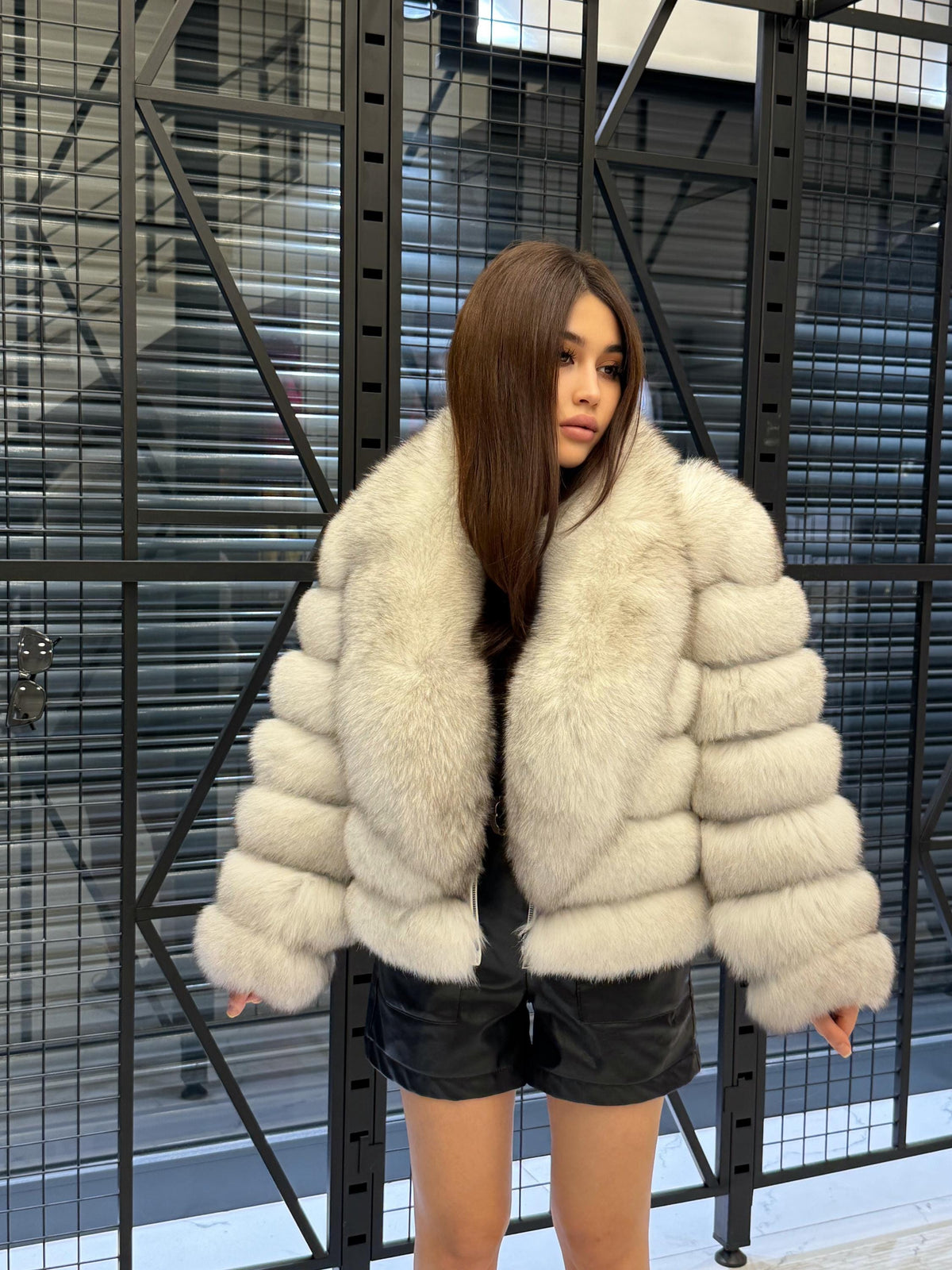 Women’s White Fox Fur Jacket, Handmade Detachable Sleeves Short Fur Coat