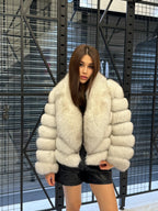 Women’s White Fox Fur Jacket, Handmade Detachable Sleeves Short Fur Coat