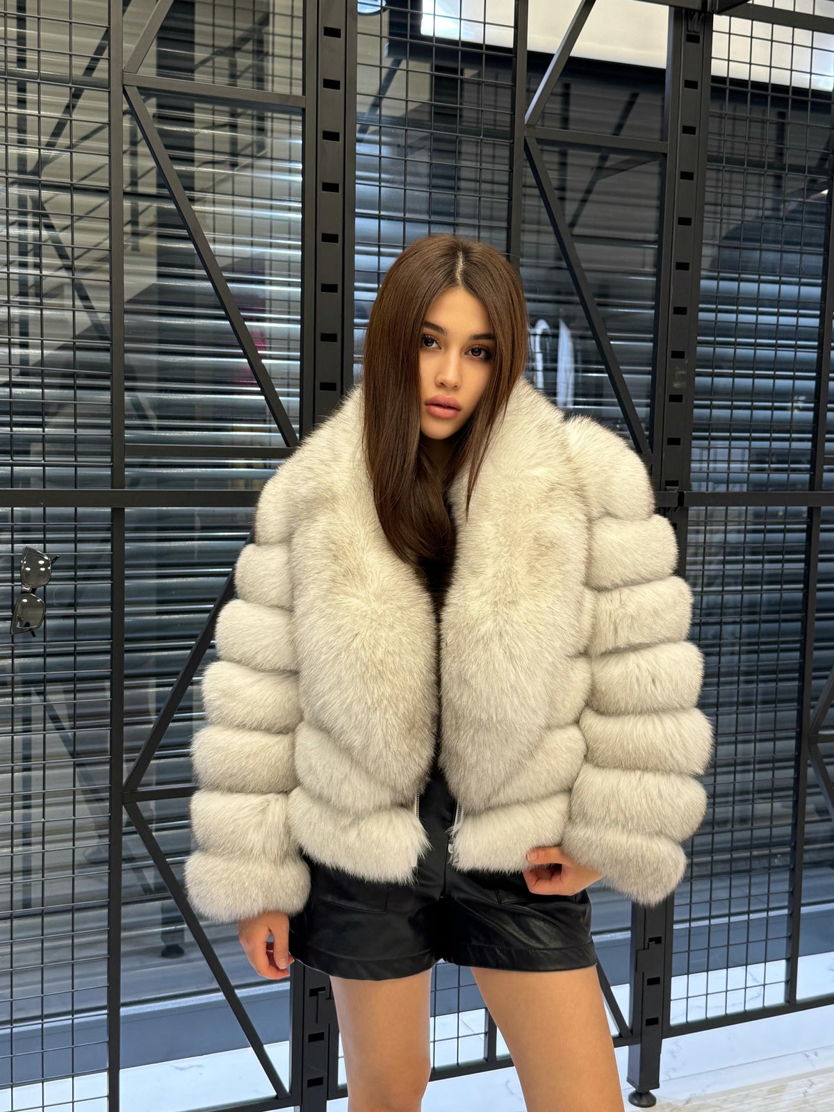 Women’s White Fox Fur Jacket, Handmade Detachable Sleeves Short Fur Coat