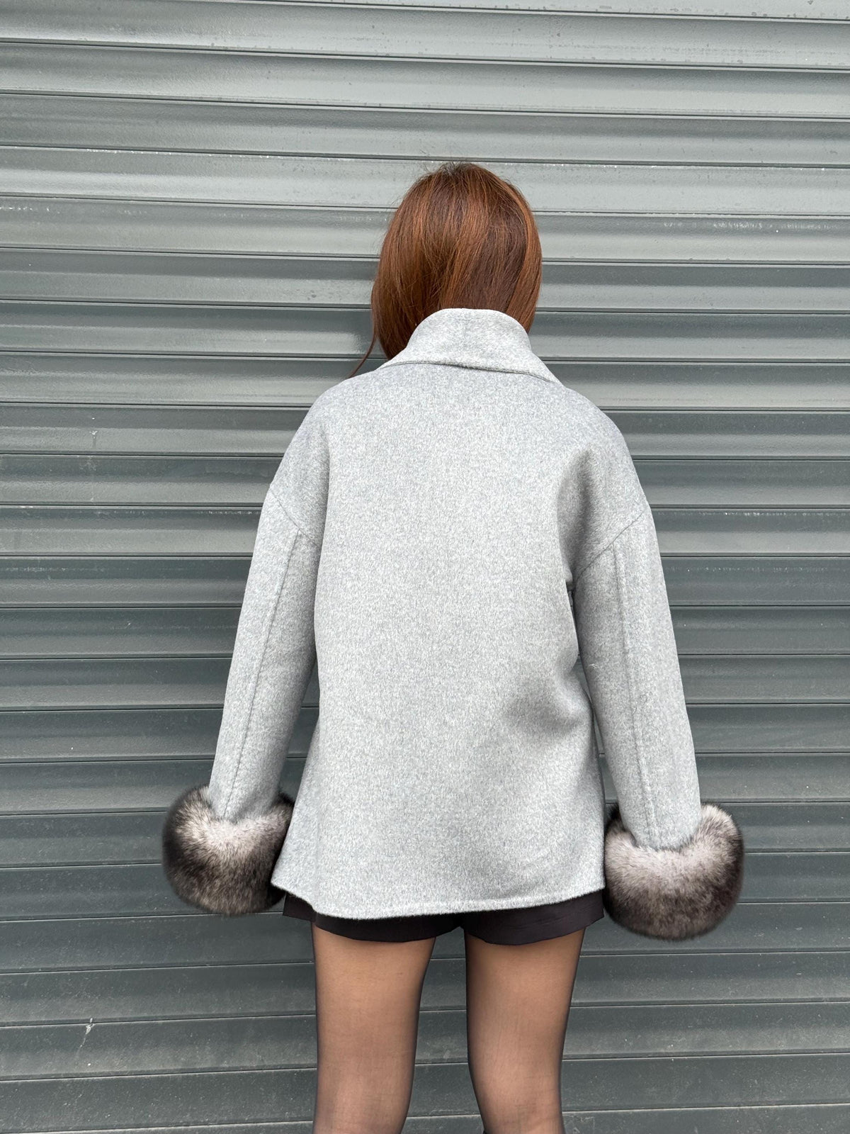 Gray Short Alpaca Wool Coat, Women Fox Fur Jacket. - Cuffs Fox Fur Jacket ..- Fox Fur