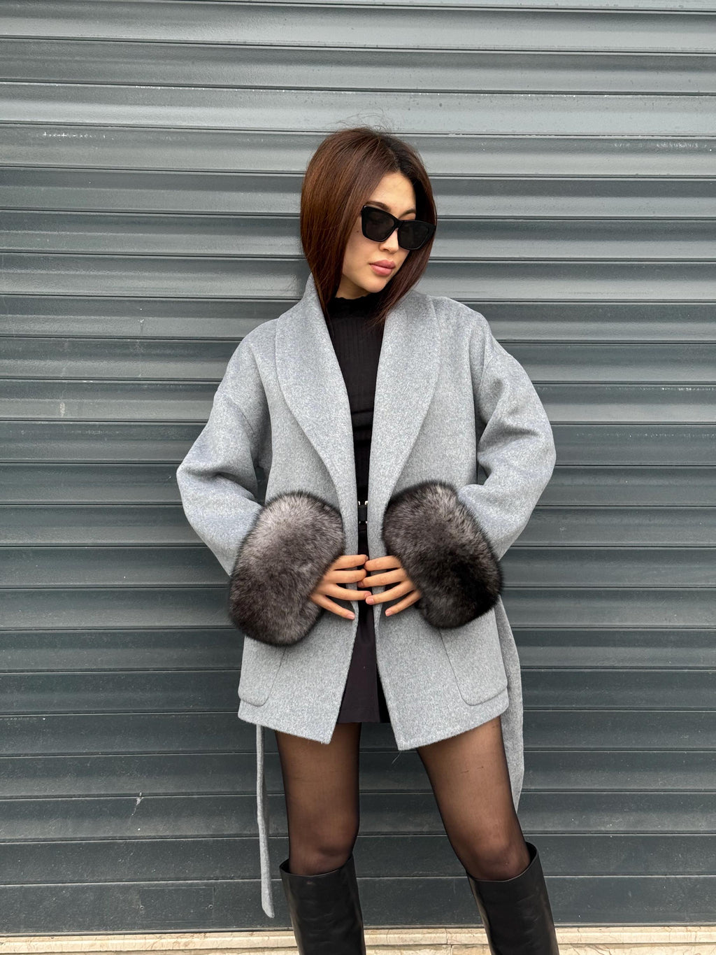 Gray Short Alpaca Wool Coat, Women Fox Fur Jacket. - Cuffs Fox Fur Jacket ..- Fox Fur