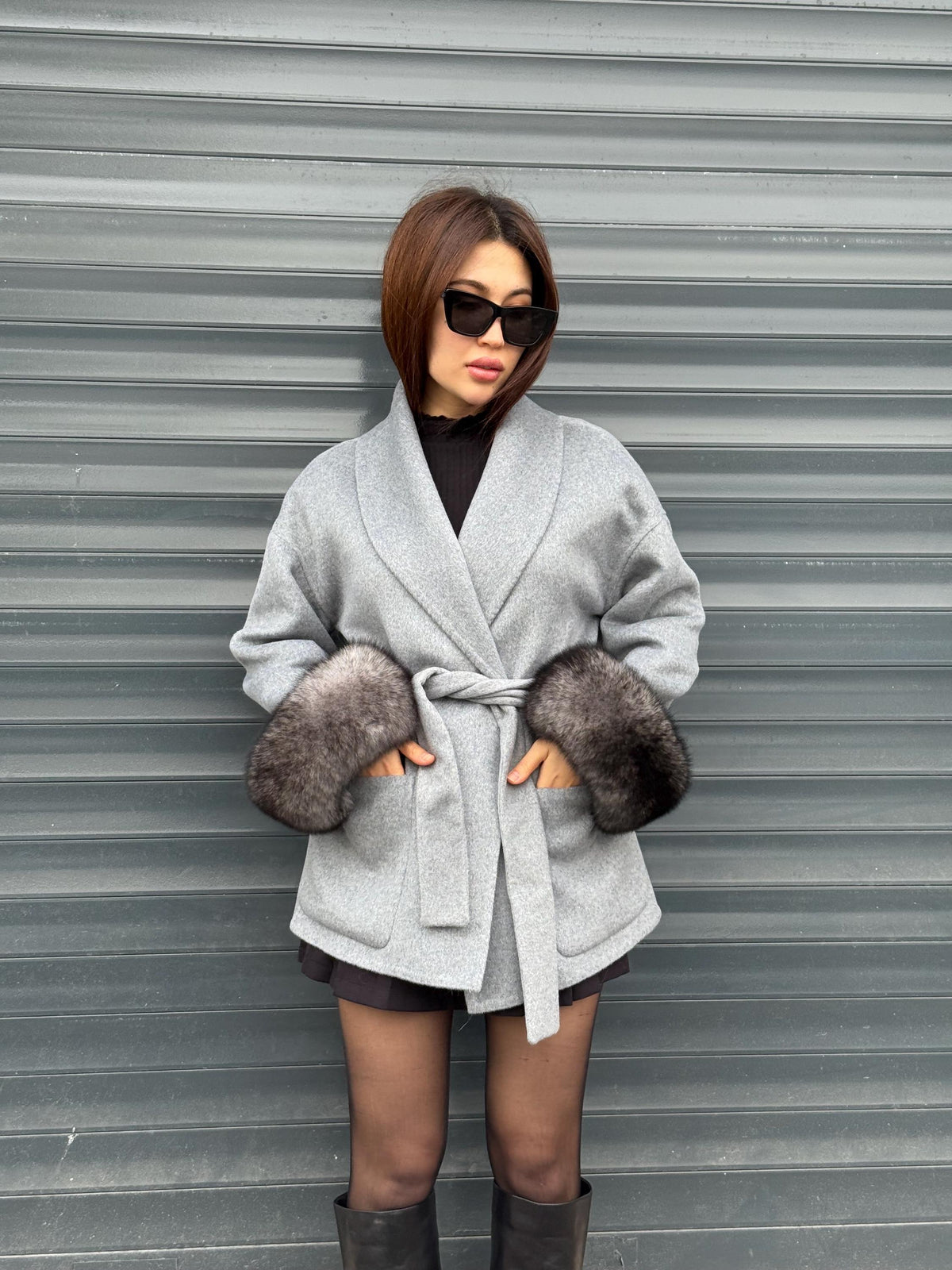 Gray Short Alpaca Wool Coat, Women Fox Fur Jacket. - Cuffs Fox Fur Jacket ..- Fox Fur