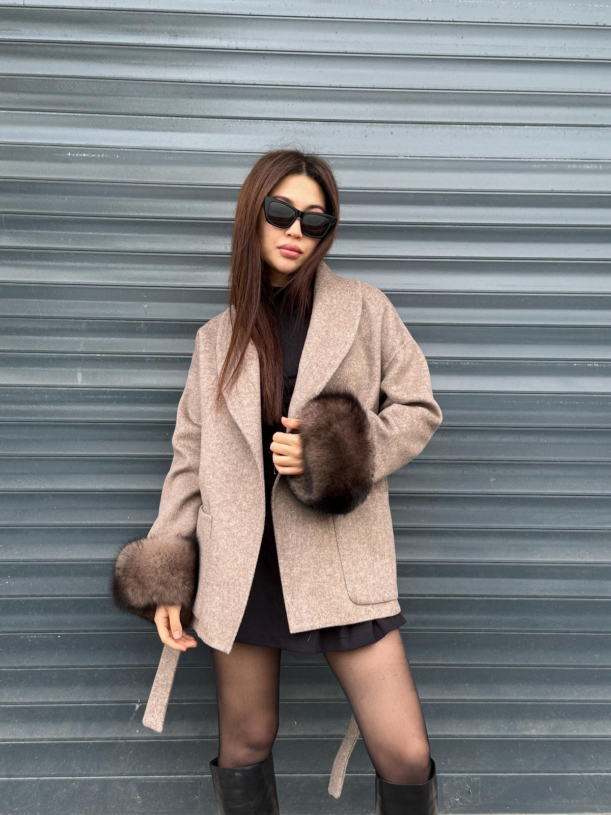 Beige Short Alpaca Wool Coat, Women Fox Fur Jacket. - Cuffs Fox Fur Jacket.. Soft Fox Fur.. Fox Fur