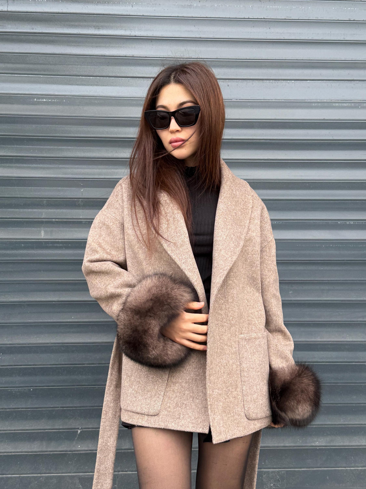 Beige Short Alpaca Wool Coat, Women Fox Fur Jacket. - Cuffs Fox Fur Jacket.. Soft Fox Fur.. Fox Fur