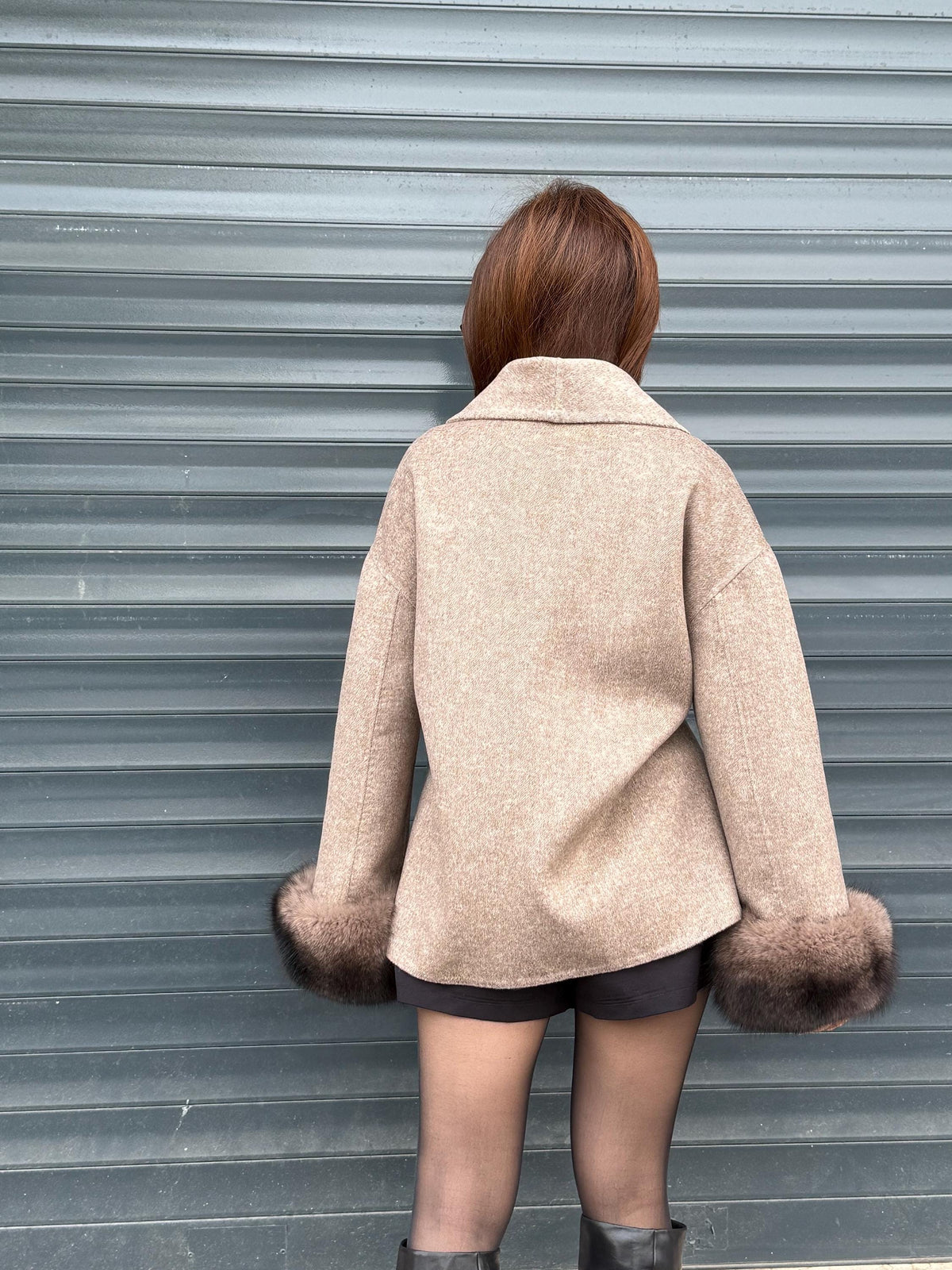 Beige Short Alpaca Wool Coat, Women Fox Fur Jacket. - Cuffs Fox Fur Jacket.. Soft Fox Fur.. Fox Fur
