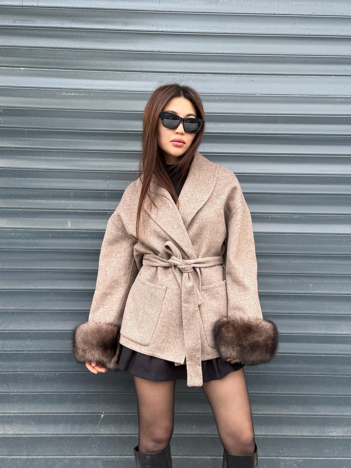 Beige Short Alpaca Wool Coat, Women Fox Fur Jacket. - Cuffs Fox Fur Jacket.. Soft Fox Fur.. Fox Fur