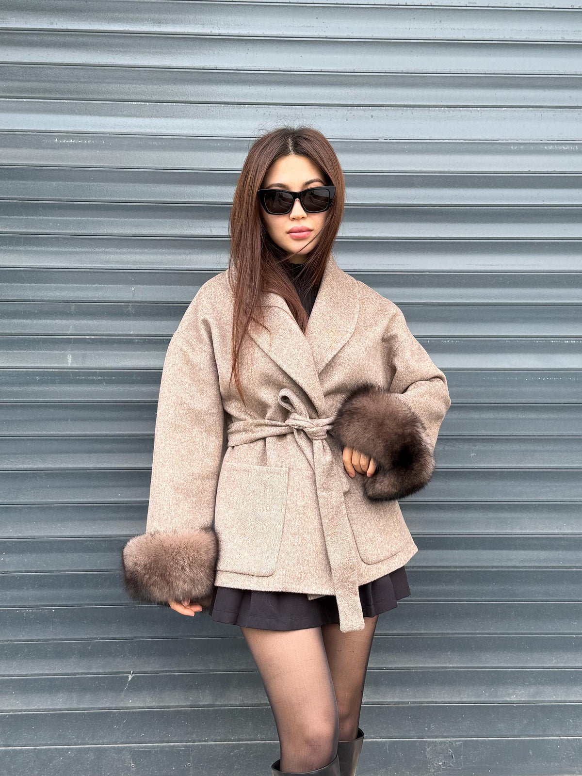Beige Short Alpaca Wool Coat, Women Fox Fur Jacket. - Cuffs Fox Fur Jacket.. Soft Fox Fur.. Fox Fur