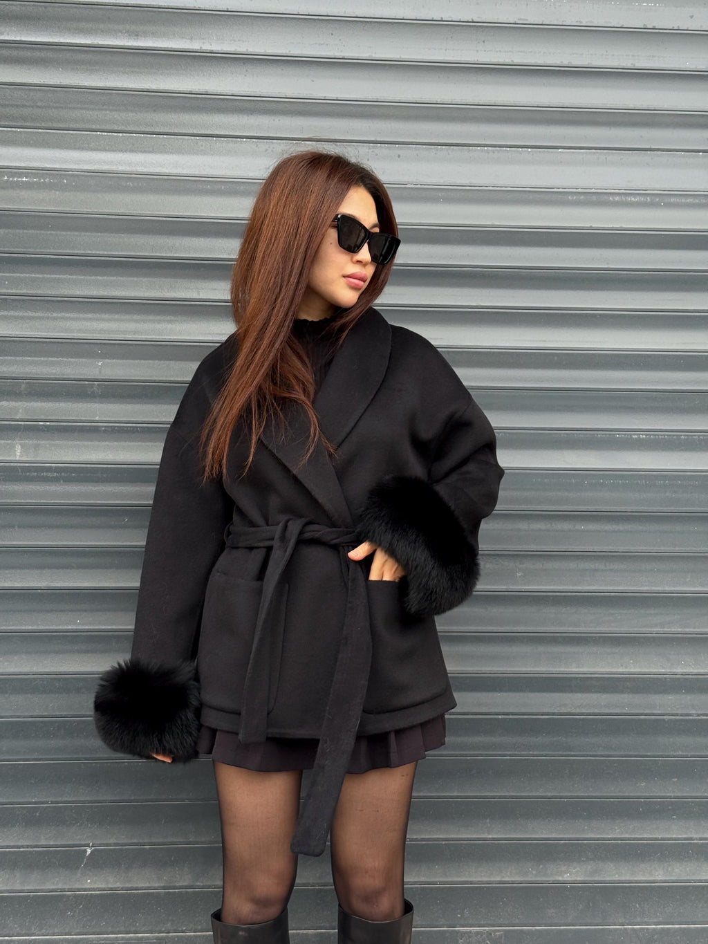 Black Short Alpaca Wool Coat, Cuffs Fox Fur Jacket, Women Fox Fur Jacket. - Fox Fur