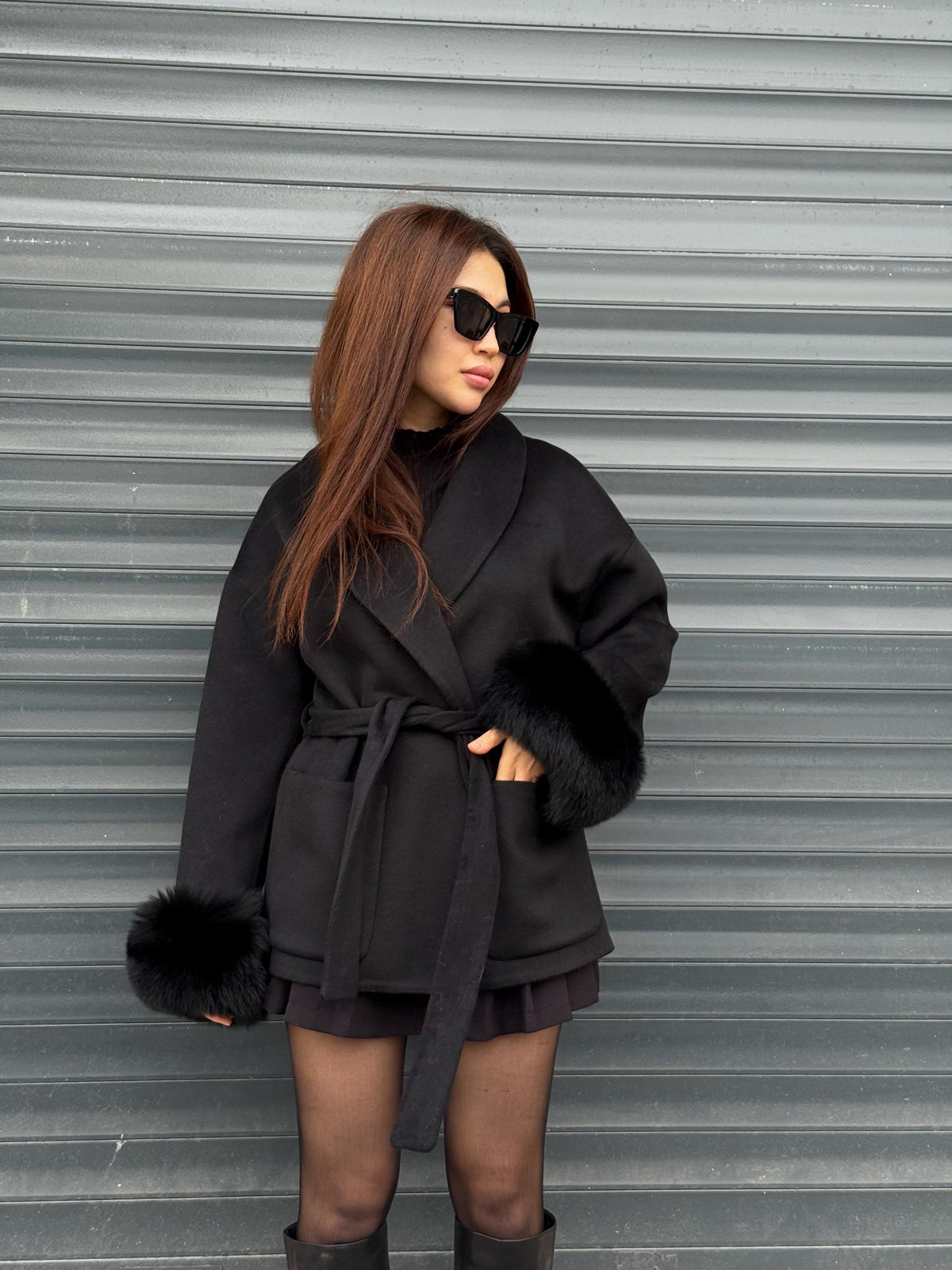 Black Short Alpaca Wool Coat, Cuffs Fox Fur Jacket, Women Fox Fur Jacket. - Fox Fur