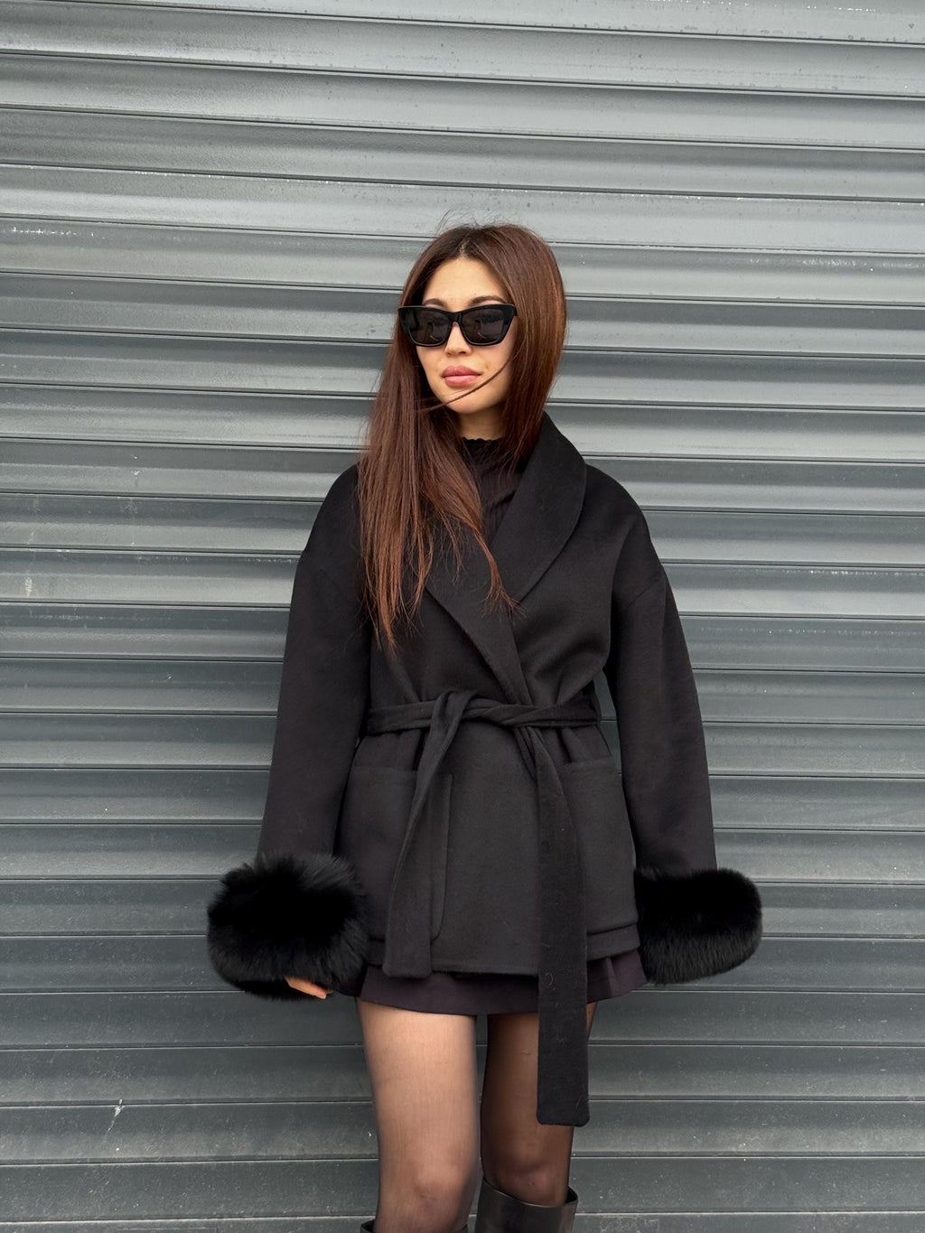 Black Short Alpaca Wool Coat, Cuffs Fox Fur Jacket, Women Fox Fur Jacket. - Fox Fur