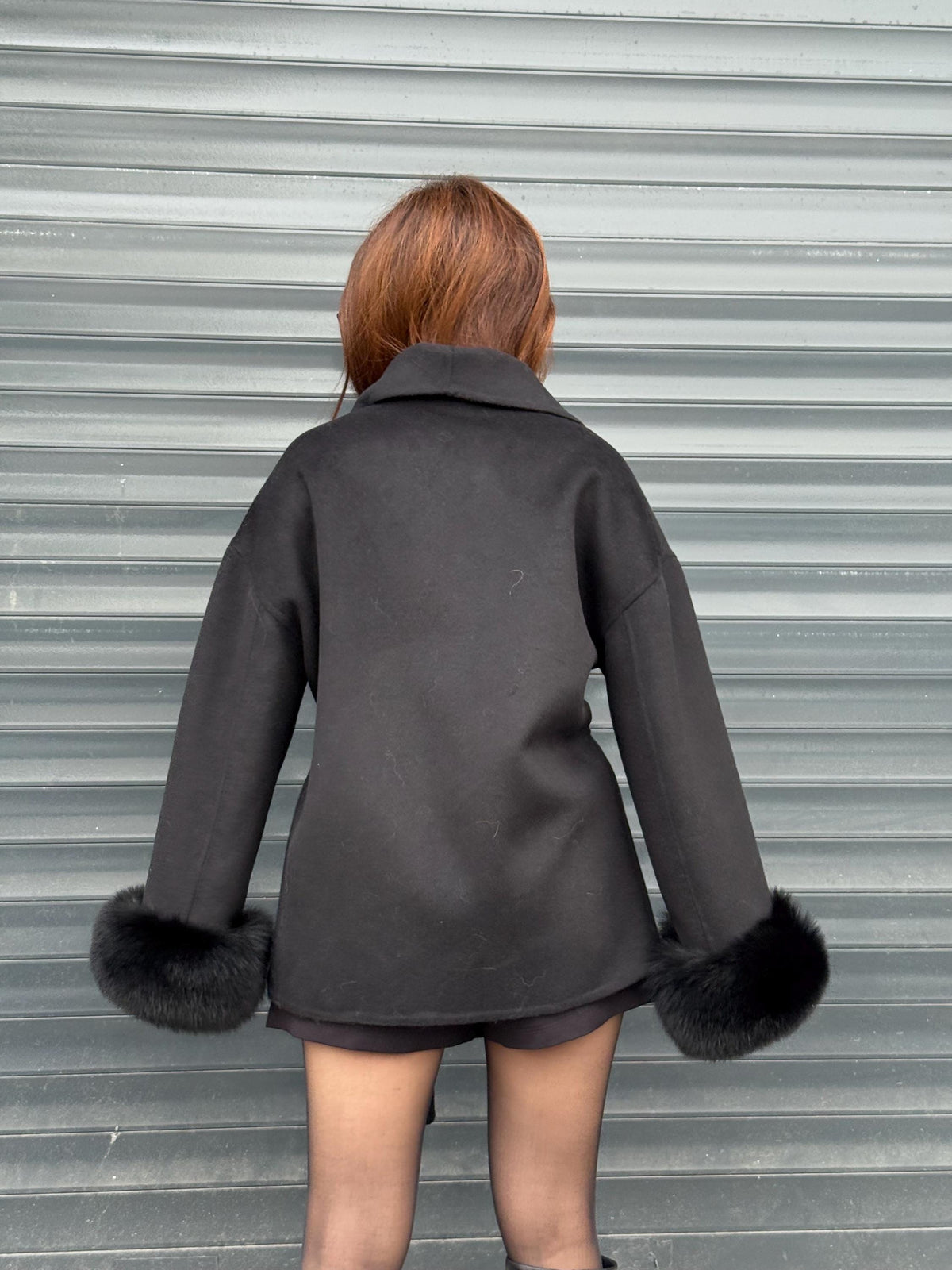 Black Short Alpaca Wool Coat, Cuffs Fox Fur Jacket, Women Fox Fur Jacket. - Fox Fur