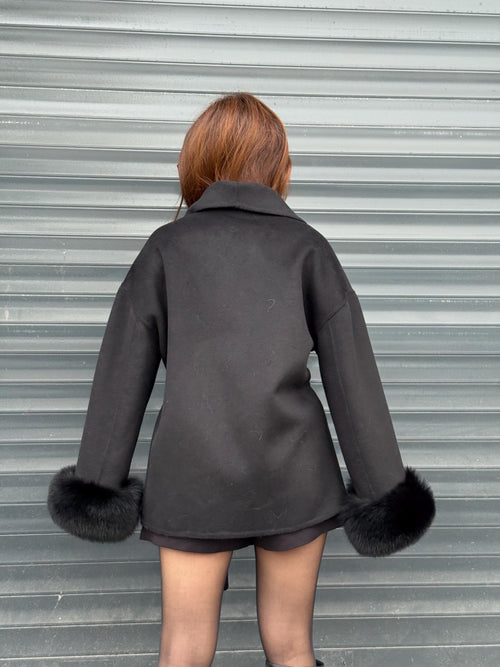 Black Short Alpaca Wool Coat, Cuffs Fox Fur Jacket, Women Fox Fur Jacket. - Fox Fur